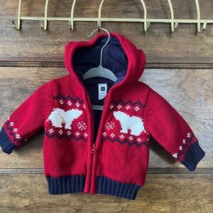 GAP | Red Hooded Sweater Coat with Cotton Lining Polar Bear Pattern (0-3months)